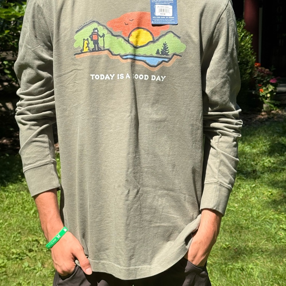 Life Is Good Green Long Sleeve Shirt with Scenic Graphic